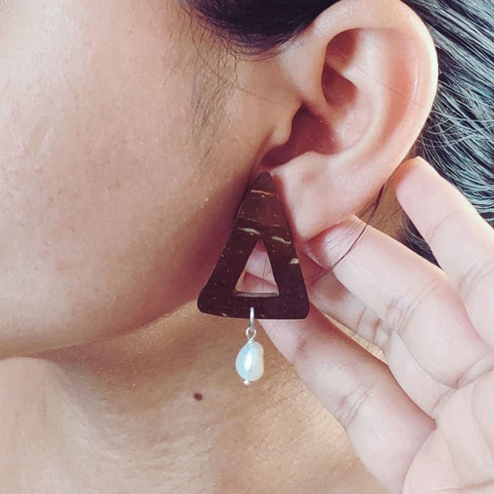 Pearl & Triangle Coconut Shell Earrings - Golden Hook