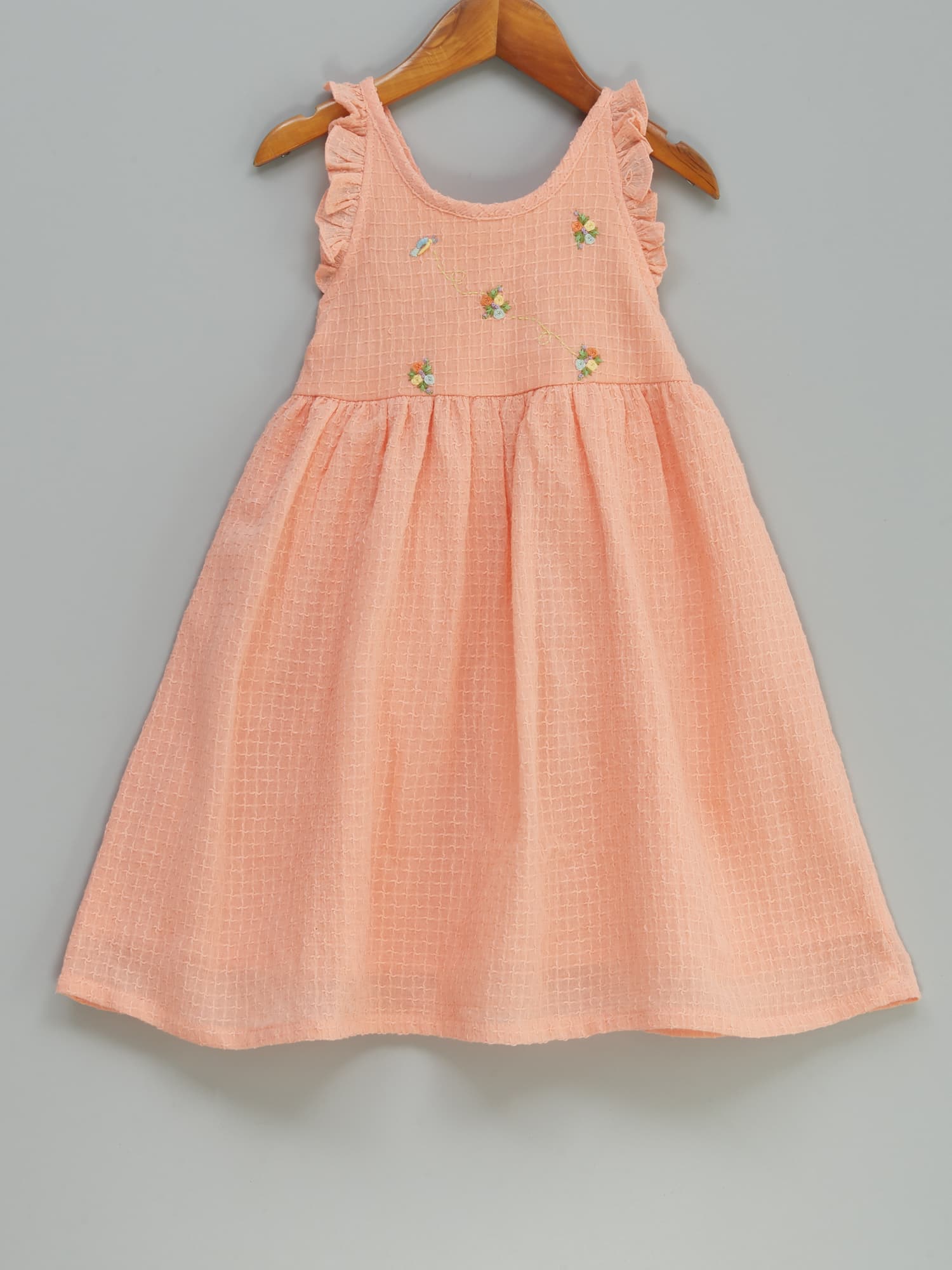 Girls Dress | Peach Hand-Embroidered Cotton with Minimalist Back