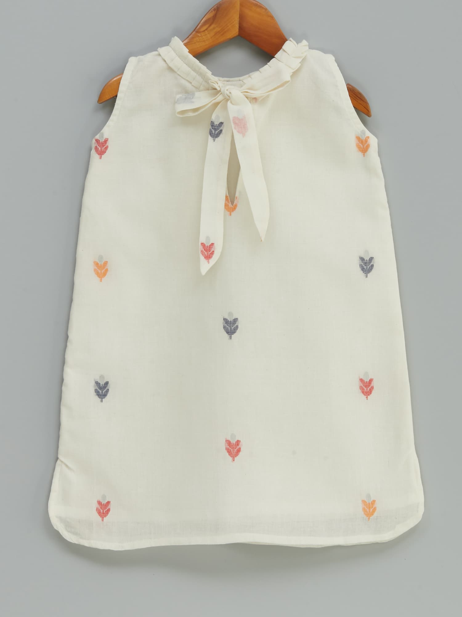 Girls Dress | Cream Cotton A-Line with Jamdani Motifs