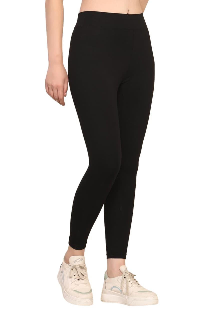 High Waist Cotton Fabric Stretchable Black Gym Tights - Pack Of 1