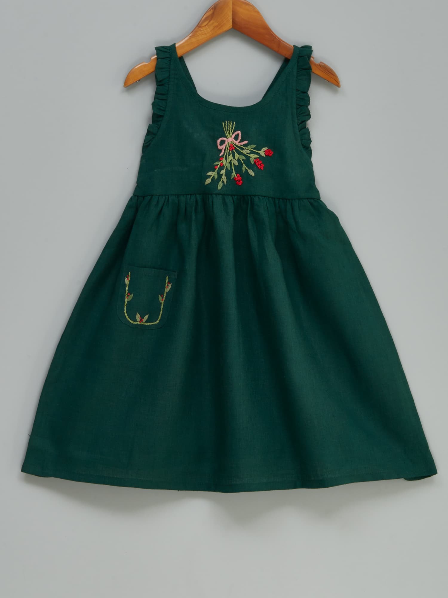 Girls Dress | Green Linen with Embroidered Yoke & Lace Hem