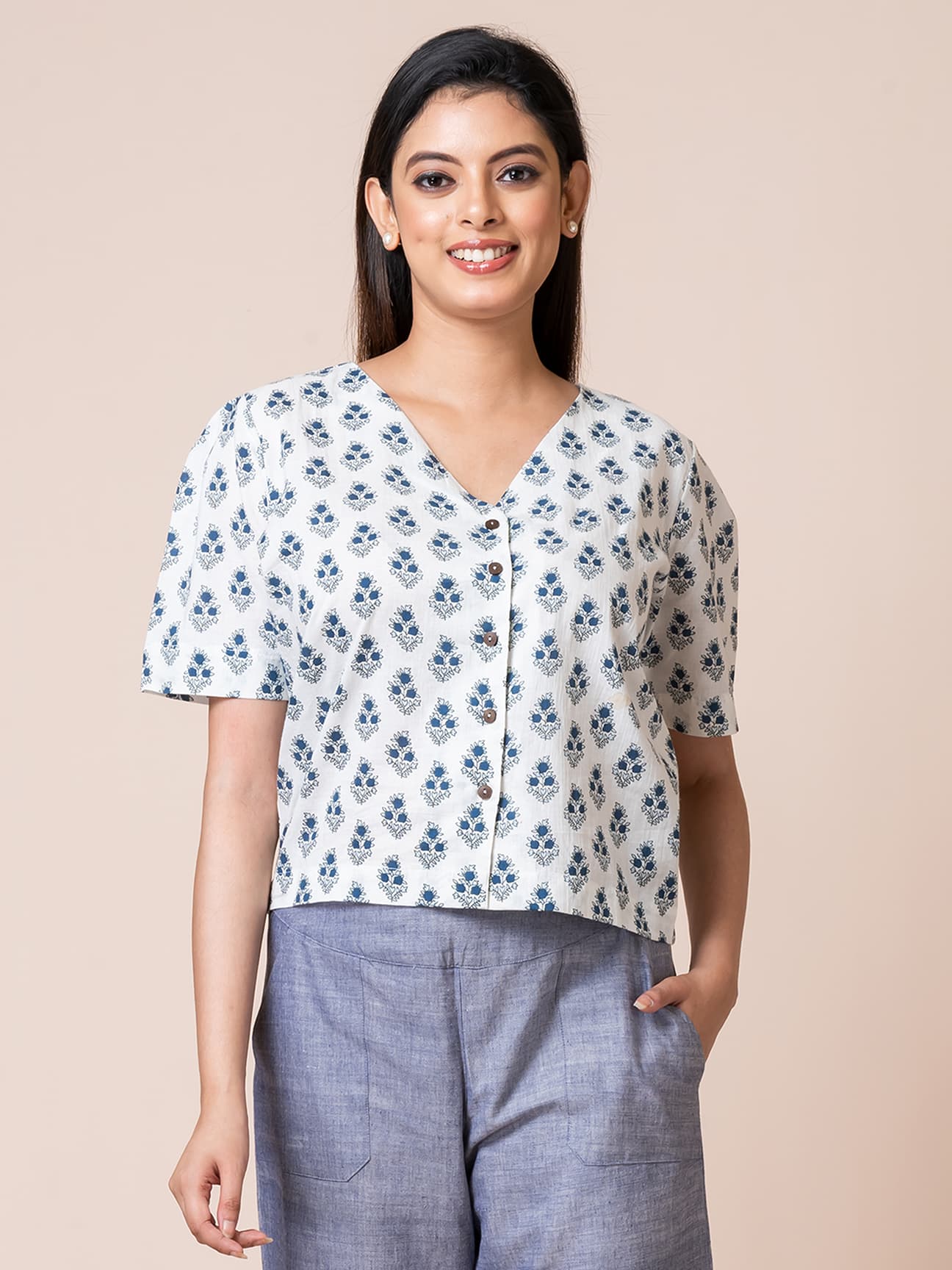 Women’s Block Printed Cotton Button-Down Top
