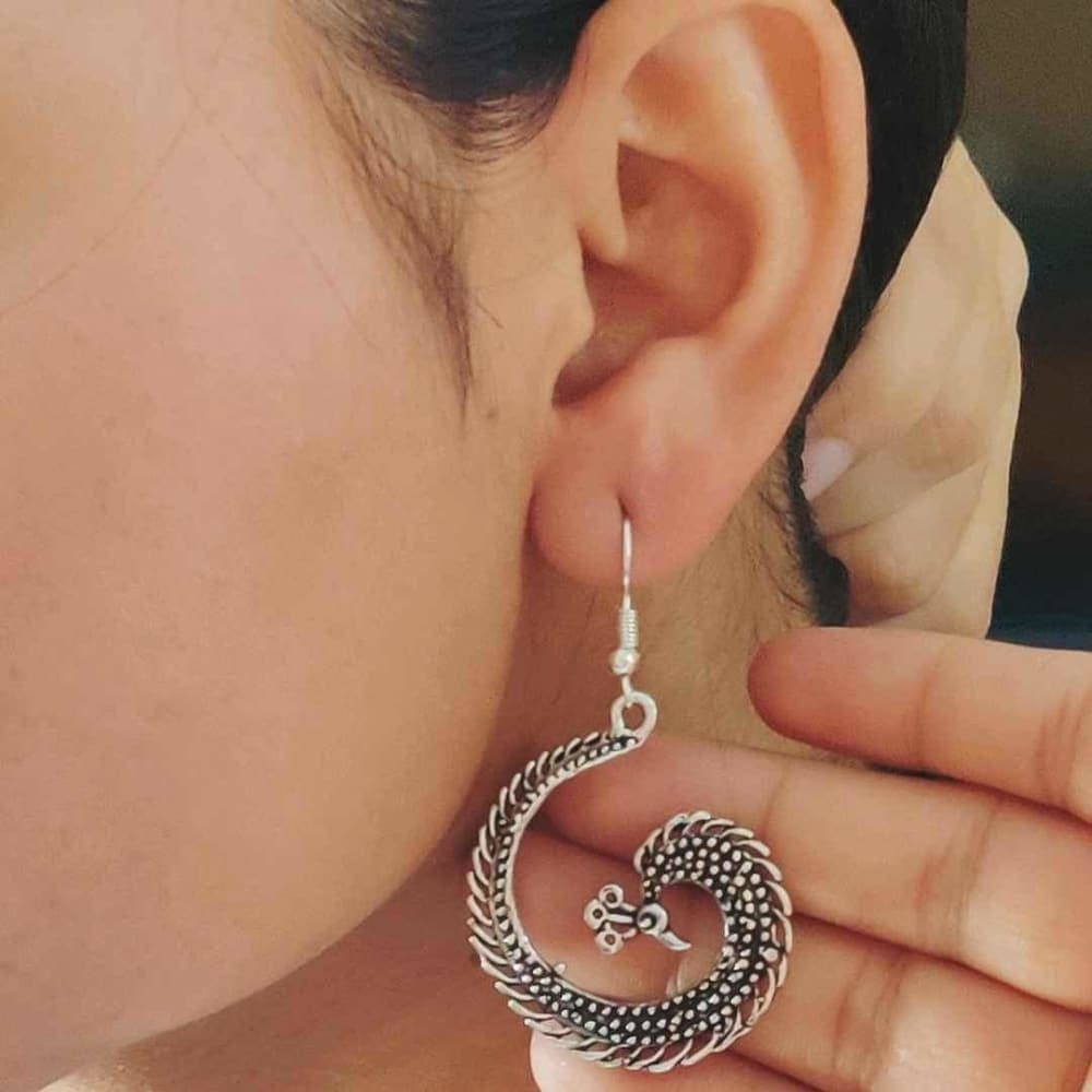 Antique Peacock Silver-Plated Brass Earrings – Handcrafted Recycled Metal